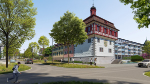 Visualisierung begrünte Flächen beim Rathaus.